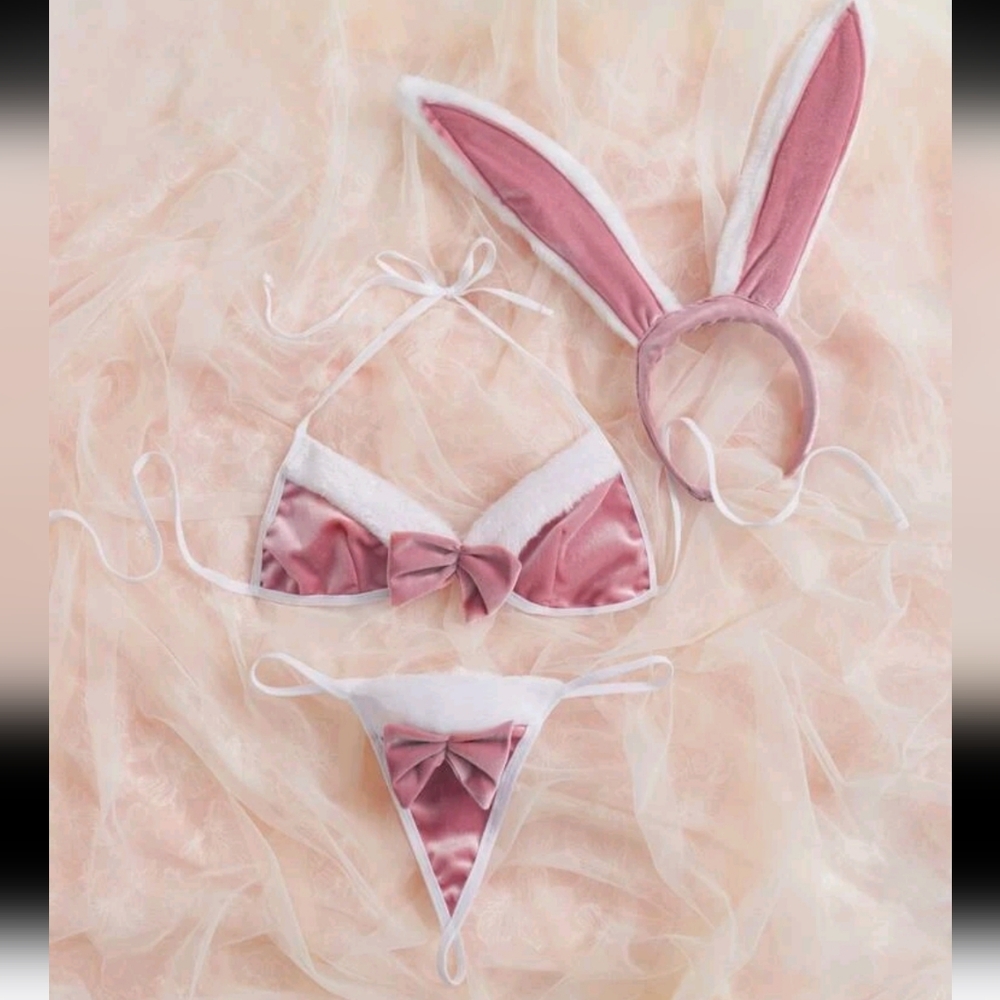 3pc Bunny Costume With White Fur & Pink Velvet Bra, G-string & Posable Ears (M)